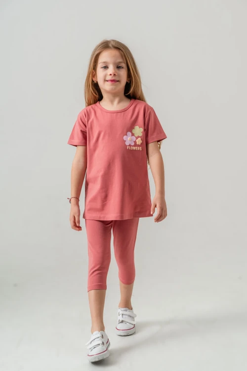 Sırtı Çiçek Baskılı Kız Çocuk Takım Takım 50656