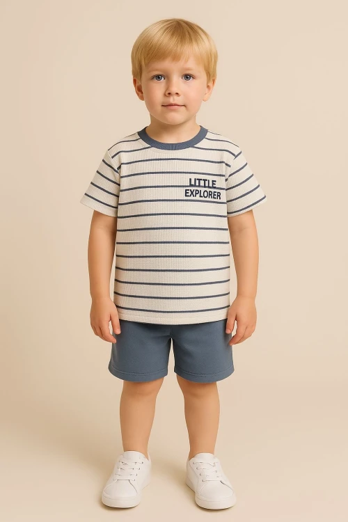 Waffle Çizgili Erkek Çocuk Şortlu Takım  50309