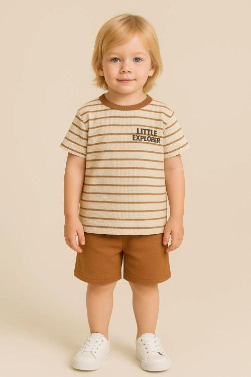 Waffle Çizgili Erkek Çocuk Şortlu Takım  50309