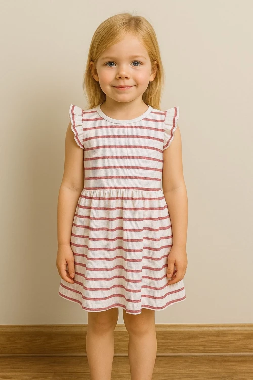 Waffle Kumaş Çizgili Kız Çocuk Elbise  50977