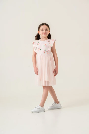 Çiçek Desenli Fırfırlı Kız Çocuk Elbise 009