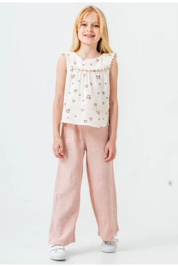 Çiçek Desenli Kız Çocuk Müslin Takım 3828