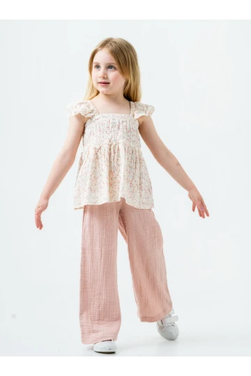 Çiçek Nakışlı Kız Çocuk Müslin Takım 3815