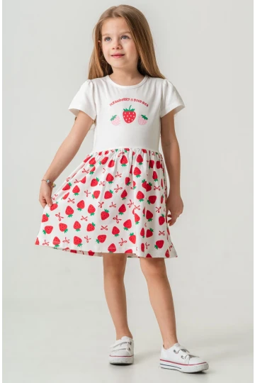 Çilek Baskılı Kız Çocuk Elbise 50973