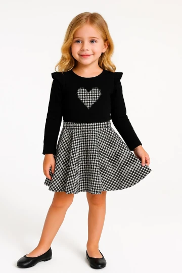Ekoseli Kalp Nakışlı Etekli Kız Çocuk Takım 20455