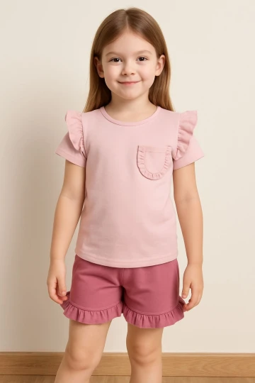Fırfırlı Cepli Kız Çocuk Şortlu Takım 50657